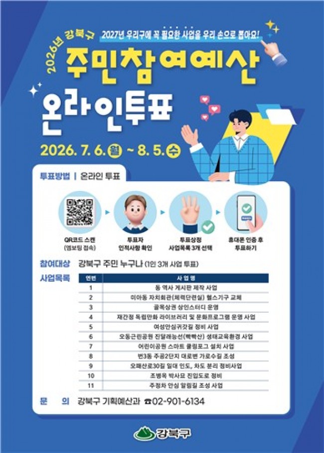 주민 손으로 고른다…강북구, 8월 5일까지 주민참여예산 온라인 투표