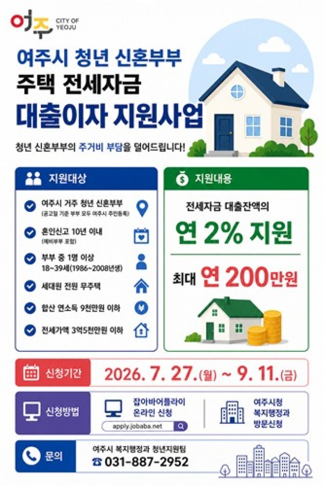 여주시, 청년 신혼부부 주택 전세자금 대출이자 지원사업 추진